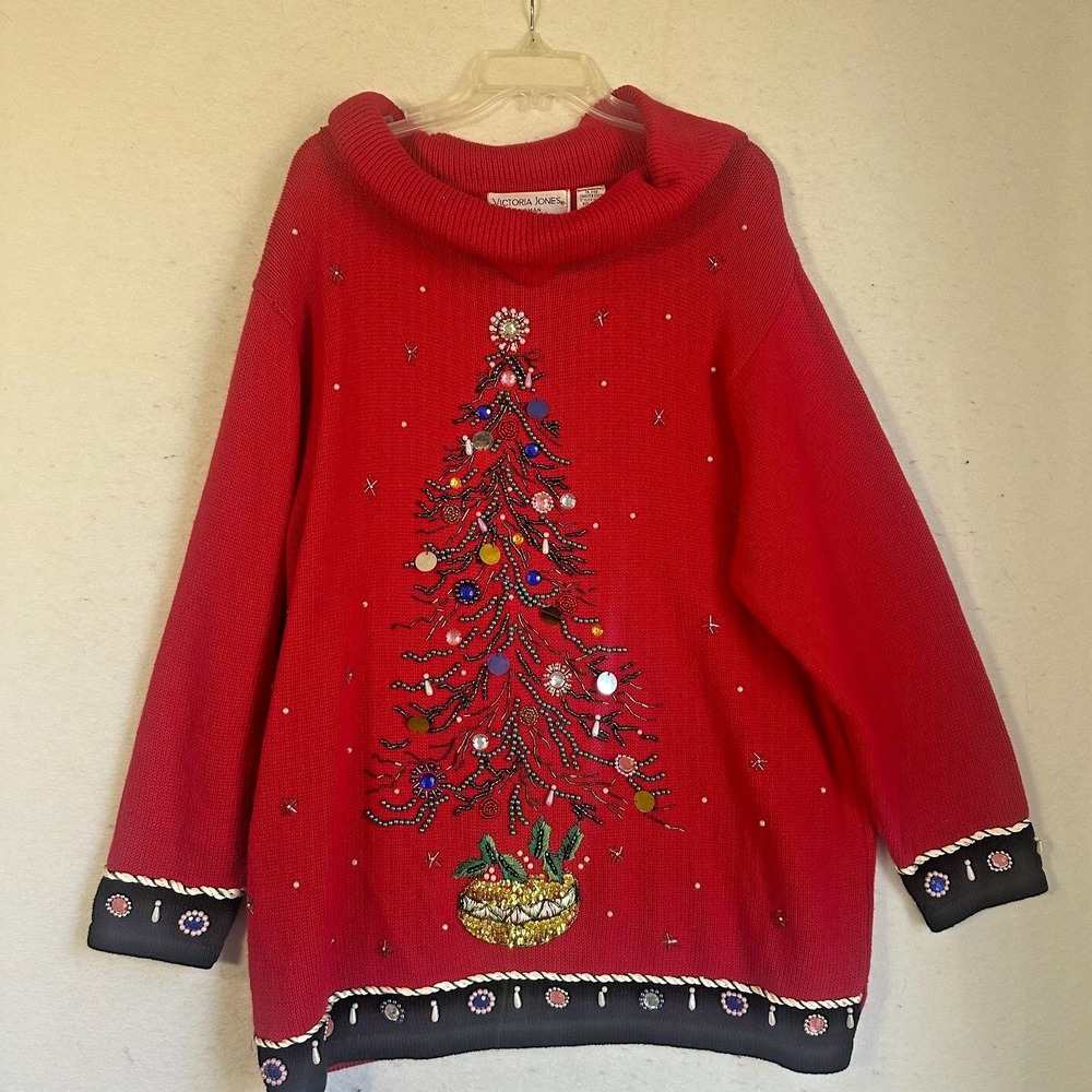Beaded Victoria Jones Red Christmas Tree Sweater size 1X Cotton/Ramie Gems Bling